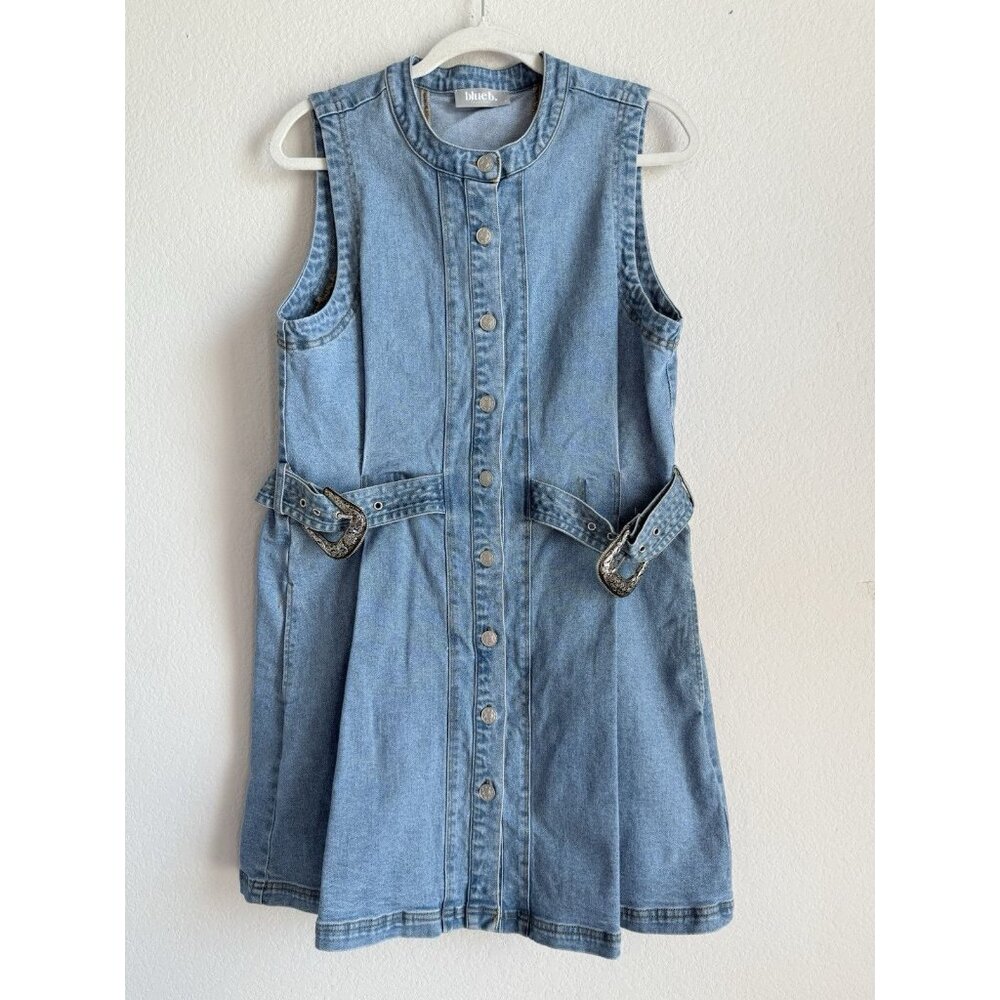 Blue B Denim Mini Dress Belt Buckle Straps Womens Large Festival Concert Western - Picture 7 of 16
